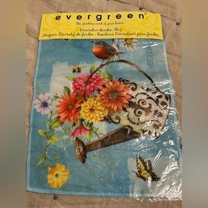 Evergreen NIP spring summer garden flag watering can robin flowers butterfly